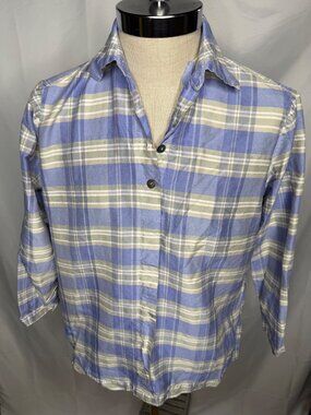 Neiman Marcus Silk Shirt Blue Gray Plaid Button Up Top Collar Sz M